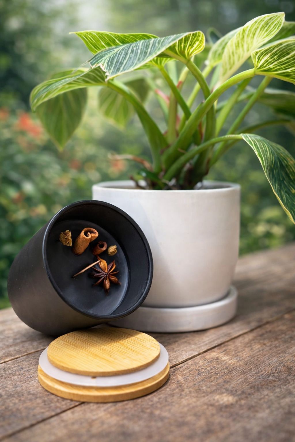 Sacred Wood candle with lid lifestyle angle