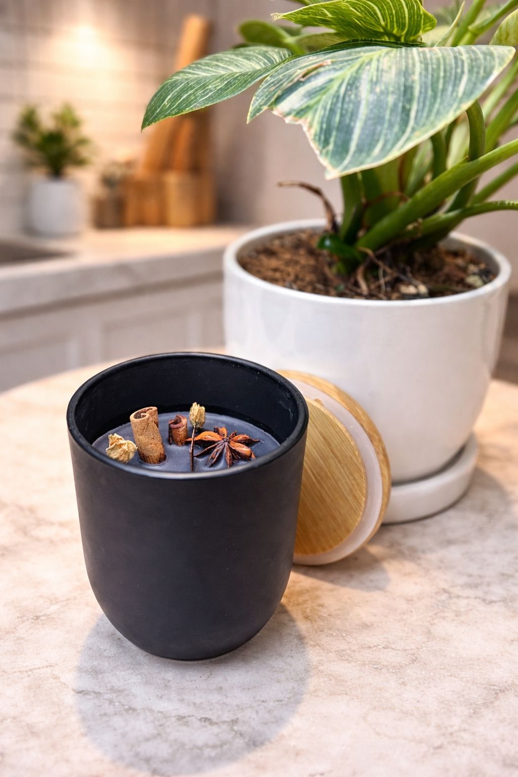 Sacred Wood candle front view with saffron and cardamom spices