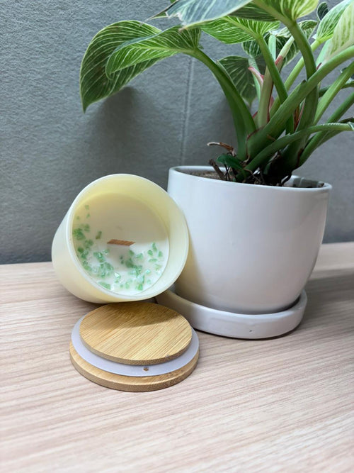 Sweet Silence - White Tea + Rain Water candle tilted view